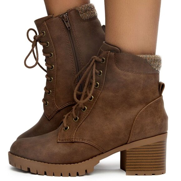 New Distressed Brown Lace-Up Knit Ankle Boots Booties Chunky Block Heel Platform - Picture 6 of 8
